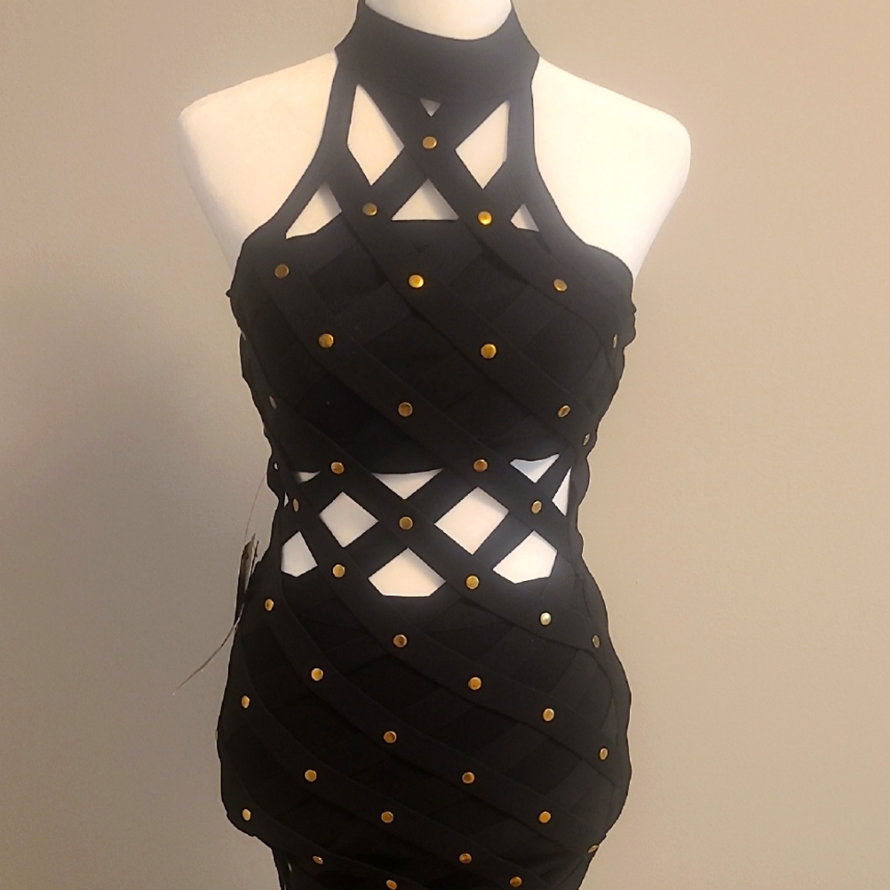 NWT Bebe Black and Gold Embellished Bodycon Dress